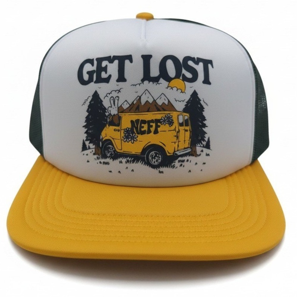 Neff Get Lost Trucker Hat Yellow Green White Van Graphic Snapback Cap NEW